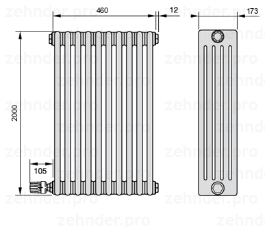 Схема (чертеж) Радиатор Zehnder Charleston 5200/10 №V003 Белый глянцевый RAL 9016